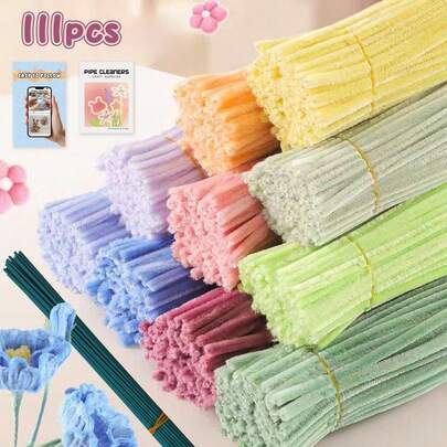 [111pcs/Set] Value Pack DIY 100pcs Pipe Cleaners Bulk 10pcs Green Floral Stem Wire With 1pc Tutorial Video For Flowers, 30cm Green Floral Wire For Crafting, Multi Color Splicing Encrypted Chenille Stems With Stickers, 30cm Colorful Pipe Cleaners Craft Supplies Colorful Chenille Stems For Back-To-School Season