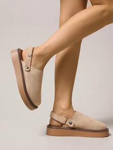 新款女士圆头时尚厚底一脚蹬平底鞋，米色、杏色、棕色、灰色，休闲户外穆勒鞋，金属扣，品质升级，春夏 - 杏色 - 查看 3