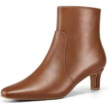 Sexy Square Toe Kitten Heel Booties For Women, Fashion Solid Color Side Zipper Ankle Boots With Faux Leather ,Comfortable Versatile Women Shoes - Caramel Brown - 查看 2