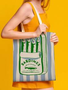 Fashionable Sardine Print Canvas Bag, Sardine Themed, Unisex Large Capacity Shoulder Bag, Shopping Bag, Lightweight Travel Luggage Bag, Reusable Student Commuter Canvas Bag, Suitable As Birthday Gift For Family And Friends - Multicolor - View 17