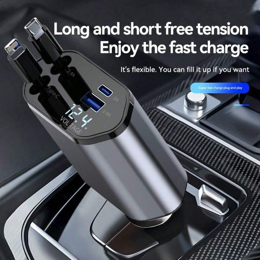 120W Retráctil Cable de carga rápida 4 en 1 Adaptador de cargador de coche de 4 puertos Compatible con todos los dispositivos - y confiable enchufe de coche - Negro - Ver 1