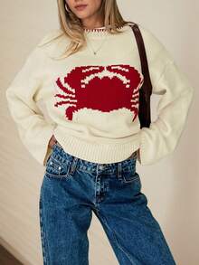 Áo len dài tay cổ tròn trễ vai họa tiết cua đơn giản, thoải mái cho nữ, mùa thu/đông - Màu be - Xem 5