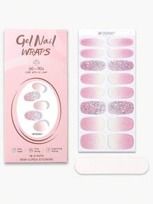 16片粉色半固化凝胶美甲贴纸，激光闪粉渐变自粘凝胶美甲贴，轻松美甲，沙龙品质，女士DIY美甲贴纸