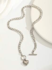 1 件时尚流行心形吊坠不锈钢项链，适合青少年男孩女孩朋克嘻哈街头饰品，适合日常佩戴 - 銀色 - 查看 4