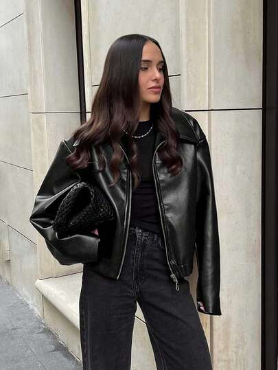 Vintage Casual Motorcycle Style Matte Leather Jacket For Women, Chic European And American Fashion, Zipper Closure, Warm And Windproof, Autumn