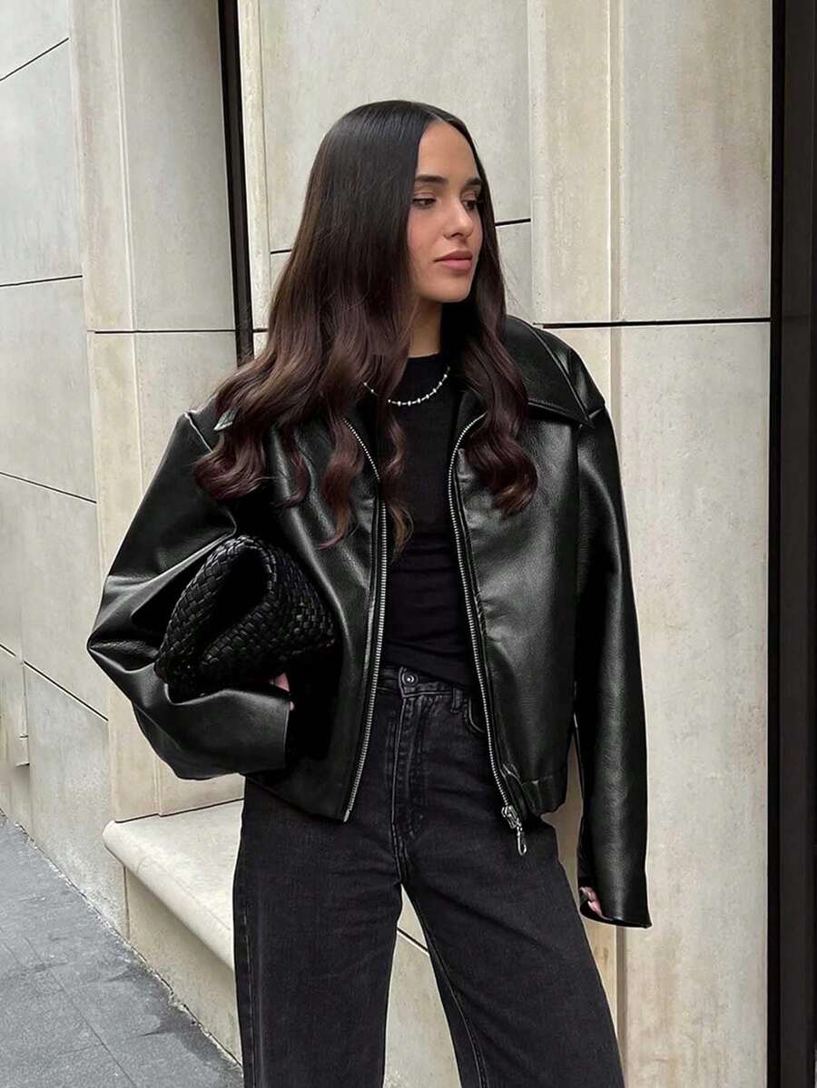 复古休闲摩托车风女式皮夹克，轻薄哑光面料，时尚拉链设计，春季黑色款 - 黑色 - 查看 1