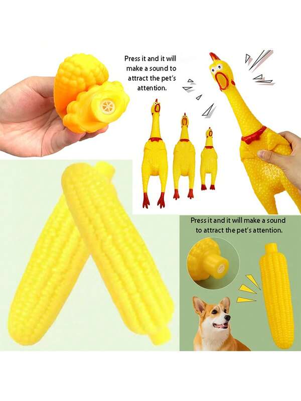 1 pièce/2 pièces Jouet en silicone pour animaux de compagnie, jouet sonore pour animaux, jouet à mâcher pour animaux, en forme de poulet hurlant, en forme de maïs, pour le broyage et le nettoyage des dents, pour soulager l'ennui, en plastique/silicone liquide, doux et élastique, texture confortable, facile à nettoyer, anti-stress, amusant à jouer