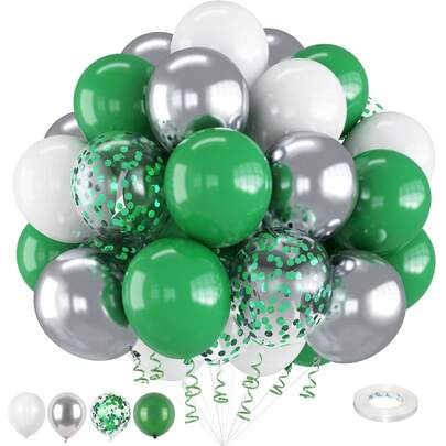 Set de 36 globos verdes y blancos, globos verdes con globos metálicos plateados, globos de brillo verde, globos de látex verde esmeralda y verde oscuro de 10/12 pulgadas, adecuados para baby shower, decoración de fiesta de cumpleaños