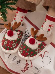 Pantuflas unisex lindas de reno navideño con suela gruesa y cálida, pantuflas de felpa para interiores/exteriores con estampados aleatorios, para otoño/invierno