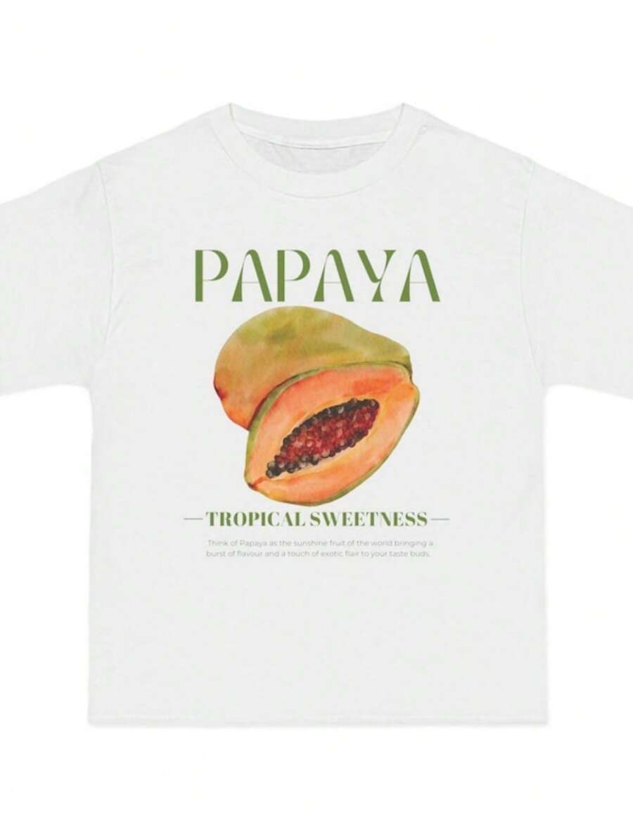 Oversized Papaya Graphic Tee, Fruit Printed T-Shirt, Tropical Fruit Tee, Summer Graphic Shirt, Short-Sleeve Graphic Top - trắng - Xem 1