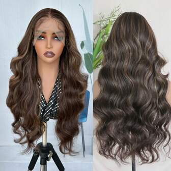 13*6 Swiss Lace Front Wavy Middle Part Wig, 26 Inch Pre-Plucked Synthetic Hair Wig With Baby Hair, Ombre Honey Blonde Color, Suitable For Daily Wear, Party And Events