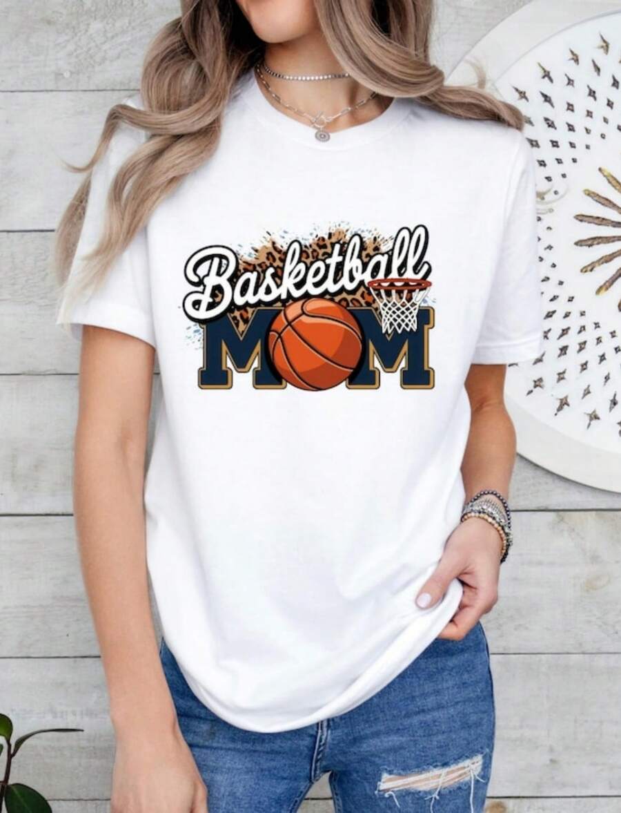 Basketball Mom Shirt, Sports Mom T Shirt, Game Day Shirt, Basketball Lover Gift, Basketball Season Tee, Leopard Print Basketball Tee - trắng - Xem 1