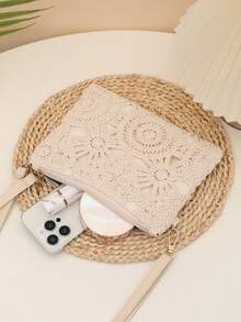 1个女士信封包，镂空提花设计女士单肩包，时尚简约女包，钩针编织包，撞色拼接PU材质斜挎包，甜美可爱小巧斜挎包，米色手拿包，迷你沙滩包腕包零钱包单肩斜挎包，女士春夏新款百搭小巧镂空单肩斜挎甜美方包，适合聚会、外出 - 米色 - 查看 6