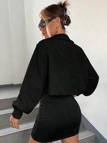 Chaqueta De Pana Corta Con Detalle De Solapa Con Hombro Caído Para Atuendos De Primavera - Negro - Ver 2