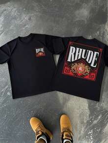 Double-Sided Patterned T-Shirt,American Street T-Shirt,Cotton-Shirt Men's  Cotton Shirt 1Pcs Double Sided Digital Printed Vintage   Stylish Black Tee RHUDE Y2K,Oversize Plus Size Men's S To 5XL,Summer Tee - 黑色 - 查看 1