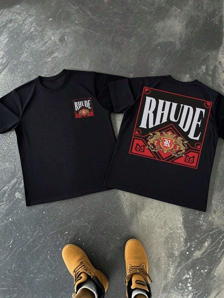 Double-Sided Patterned T-Shirt,American Street T-Shirt,Cotton-Shirt Men's  Cotton Shirt 1Pcs Double Sided Digital Printed Vintage   Stylish Black Tee RHUDE Y2K,Oversize Plus Size Men's S To 5XL,Summer Tee - 黑色 - 查看 1