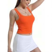 Women Rib Tank Top Padded Workout Top Square Neck Crop Tank Fitted Basic Cami Tops - Hot Orange - View 3