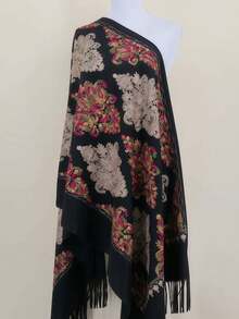 1pc Women's Autumn/Winter Faux Cashmere Embroidered Scarf, Thick Warm Tasseled Embroidered Bohemian Style Travel Shawl Poncho - Black and Red - View 3