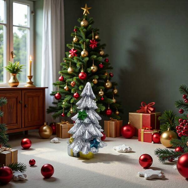 1pc Creative Silver Christmas Tree Resin Craft Decor, Home Decoration, Holiday Ornament, Christmas Gift