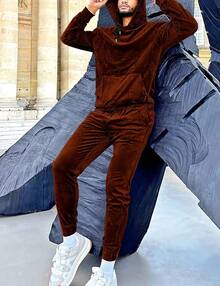 Mens 2 Piece Velour Hoodie Tracksuit Long Sleeve Velvet Hooded Pullover Casual Athletic Jogging Sweatsuit Set-2025 - 棕色 - 查看 4