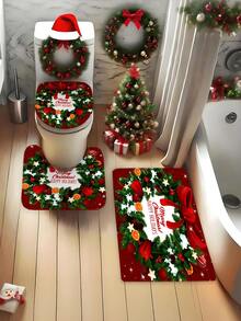 1/3/4 Stücke Weihnachts Duschvorhang Set, Weihnachts Schleife und Geschenk Muster bedruckter Badezimmer Fenster Duschvorhang Set, Badezimmer Set beinhaltet rutschfeste Badematte, U-förmige Toilettenvorleger, Toilettendeckel Abdeckung und Duschvorhang Zubehör, geeignet für Badezimmer Dekoration, Heimdekoration und Duschdekor, Feiertags Geschenk, Feiertags Dekoration, Weihnachtsdekoration