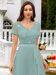 MIUSOL Vestido de gala de gasa con cuello en V, encaje con lentejuelas y volantes, elegante vestido de fiesta para mujeres, adecuado para fiestas formales, vacaciones, ceremonias de graduación y otras ocasiones - Azul menta - Ver 8