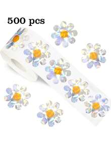 500张/卷 全息激光雏菊涂鸦贴纸，大号3.8厘米/1.5英寸不对称卡通花朵封条标签，适用于信封、杂志、手机壳、水杯、电脑、头盔、剪贴簿、派对礼品、PVC贴纸 - 500貼 鐳射雛菊貼紙 - 查看 1