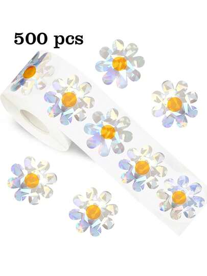 500张/卷 全息激光雏菊涂鸦贴纸，大号3.8厘米/1.5英寸不对称卡通花朵封条标签，适用于信封、杂志、手机壳、水杯、电脑、头盔、剪贴簿、派对礼品、PVC贴纸