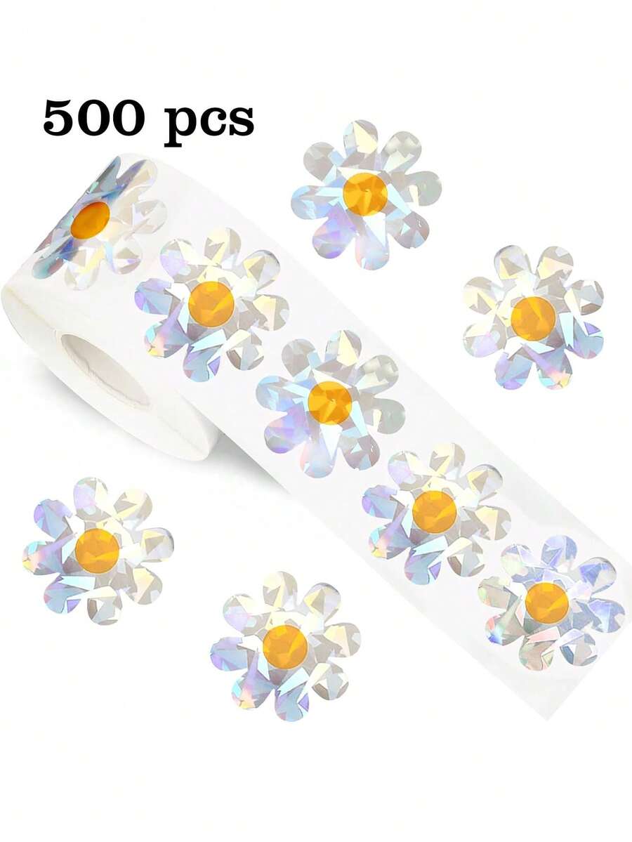 500张/卷 全息激光雏菊涂鸦贴纸，大号3.8厘米/1.5英寸不对称卡通花朵封条标签，适用于信封、杂志、手机壳、水杯、电脑、头盔、剪贴簿、派对礼品、PVC贴纸 - 500貼 鐳射雛菊貼紙 - 查看 1