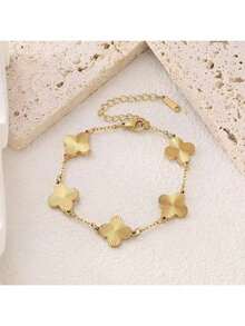 2 对时尚纹理四叶草不锈钢手链套装，适合多种场合、情侣、正式活动、派对、礼物 - 金黃色 - 查看 8