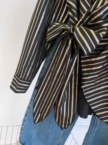 春夏金属条纹黑色长袖系腰蝴蝶结裹身奢华优雅商务休闲修身女式衬衫