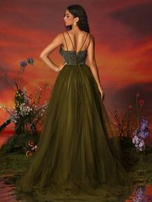 VIPGIRL فستان سهرة أنيق وبسيط للنساء مع شق عالي وشبكة من الترتر - أخضر عسكري - مشاهدة 7