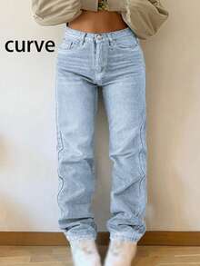 Quần jeans nữ dáng rộng, màu trơn, chất liệu wash nhẹ, phù hợp cho đi làm, ở nhà, tụ họp, mua sắm, mọi mùa. Phong cách đường phố tối giản mới. - Rửa nhẹ - Xem 5