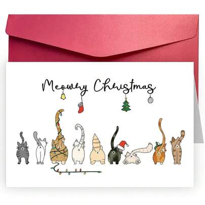 1 件，带信封的搞笑猫咪圣诞贺卡，送给爱猫人士的幽默圣诞礼物，送给男朋友、女朋友、丈夫和妻子的圣诞贺卡