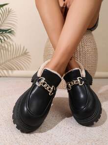 2024 New Women's Retro Style Loafers, Black PU Leather Loafers With Gold Chain Decor, Faux Lined Warm Shoes, Thick Sole Comfortable Non - Slip Wear - Resistant Rubber Sole, Fashionable Versatile Daily Wear Shoes, Easy - To - Match Indoor Outdoor Casual Shoes, Popular Must - Have Item For Daily Outfits, Parties, Street Style - Black - View 7