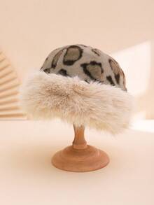 1 件女士拼色豹纹蓬松厚实保暖蒙古毛皮帽，时尚渔夫帽，适合冬季休闲、户外、通勤，冬季保暖 - 豹紋 - 查看 5