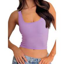 Camiseta de mujer de costilla con acolchado, top de entrenamiento de cuello cuadrado, top corto ajustado, camiseta básica de tirantes - Orquídea púrpura - Ver 1