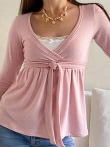 Women Y2K Babydoll Knit Tops Long Sleeve Lace Patchwork Low Cut Peplum Sweater Fairy Vintage 90s Coquette Blouse - 粉色 - 查看 2