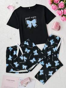 3 件字母蝴蝶结印花睡衣套装，圆领短袖 T 恤 + 松紧腰短裤 + 休闲裤，舒适睡衣，女士睡衣和家居服 - 藍色 - 查看 1