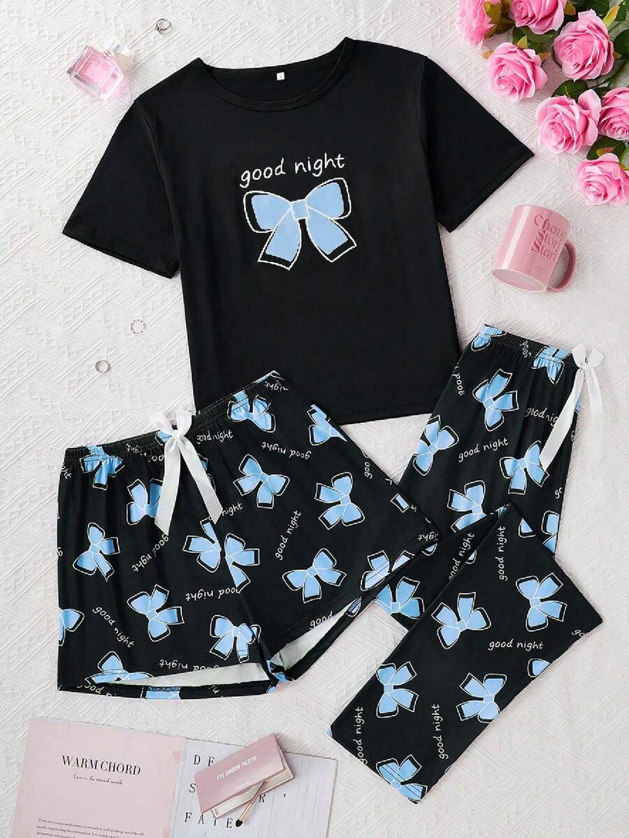 3 件字母蝴蝶结印花睡衣套装，圆领短袖 T 恤 + 松紧腰短裤 + 休闲裤，舒适睡衣，女士睡衣和家居服 - 藍色 - 查看 1