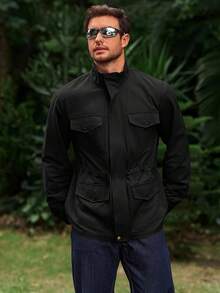 Mens Military Jacket Full Zip And Button  Field Jacket Multi Pocket Cargo Outdoor Coathalloween - 黑色 - 查看 2