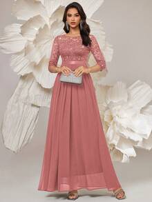 MIUSOL 优雅亮片花卉蕾丝七分袖褶裥雪纺正式派对长裙，正式晚礼服，适合婚礼宾客、毕业典礼、宴会及其他场合，春季款 - 藕粉色 - 查看 5