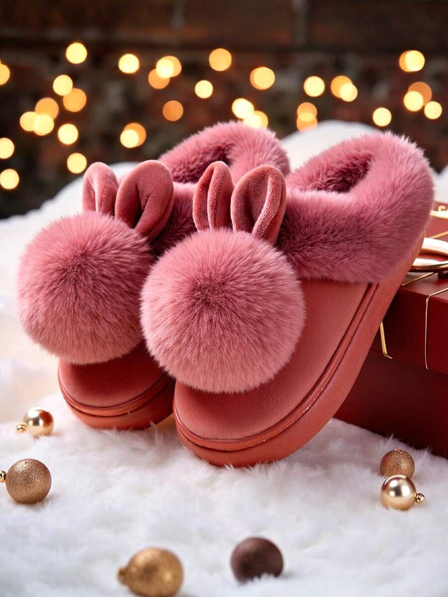 New Autumn/Winter Single Ball Rabbit Warm Slippers, Unisex Couples Solid Color Indoor Non-Slip Backless Slippers, Valentine's Day Gift