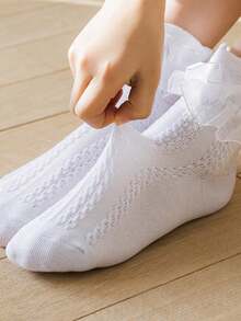 6 Pairs Cotton Children Middle & Small Kids Double Layer Solid Color Mesh Mid-Calf Socks With Lace - Multicolor - View 3