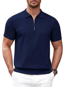 Men's Zipper Polo Shirt Casual Knit Short Sleeve Polo T Shirt Classic Fit Shirts - 純色-海軍藍 - 查看 1
