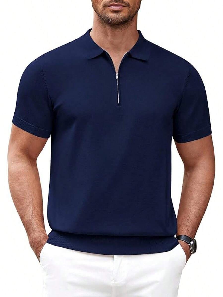 Men's Zipper Polo Shirt Casual Knit Short Sleeve Polo T Shirt Classic Fit Shirts - 純色-海軍藍 - 查看 1