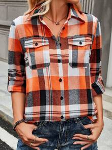Áo sơ mi nữ chất liệu polyester, họa tiết kẻ caro, có túi ở cổ tay, kiểu dáng sinh viên, thích hợp cho đi làm và đi nghỉ mát, cổ bẻ, mùa thu/đông/xuân. - trái cam - Xem 5