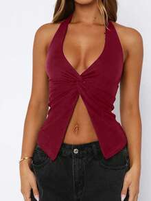 1pc Solid Color Fabric Asymmetric/Asymmetrical Twist Back Camisole Top, Spring/Summer - Burgundy - View 3