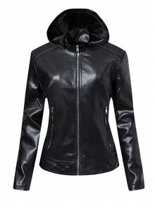 女士保暖内衬皮夹克，连帽修身皮衣，适合秋冬季穿着