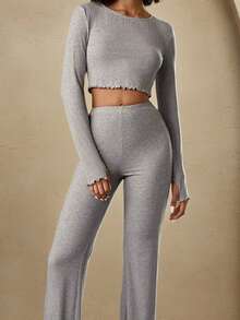 Anewsta 休闲舒适人造丝纯色露脐拇指孔上衣和喇叭裤女士家居服套装，混色灰色假日季套装，冬季服装 - 灰色 - 查看 6